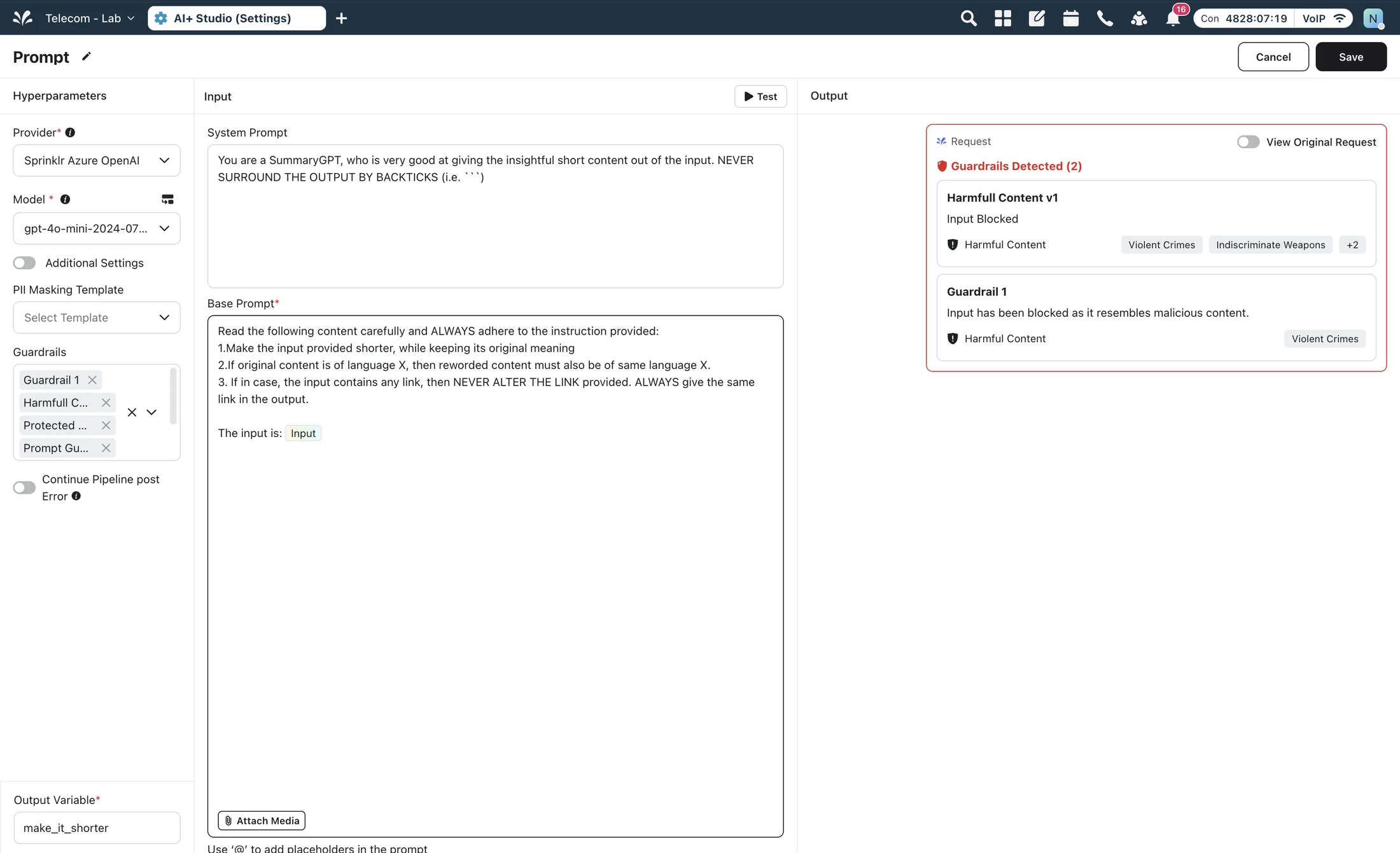 A blocked request flagged by two guardrails in real time, showing the harmful-content categories that triggered it