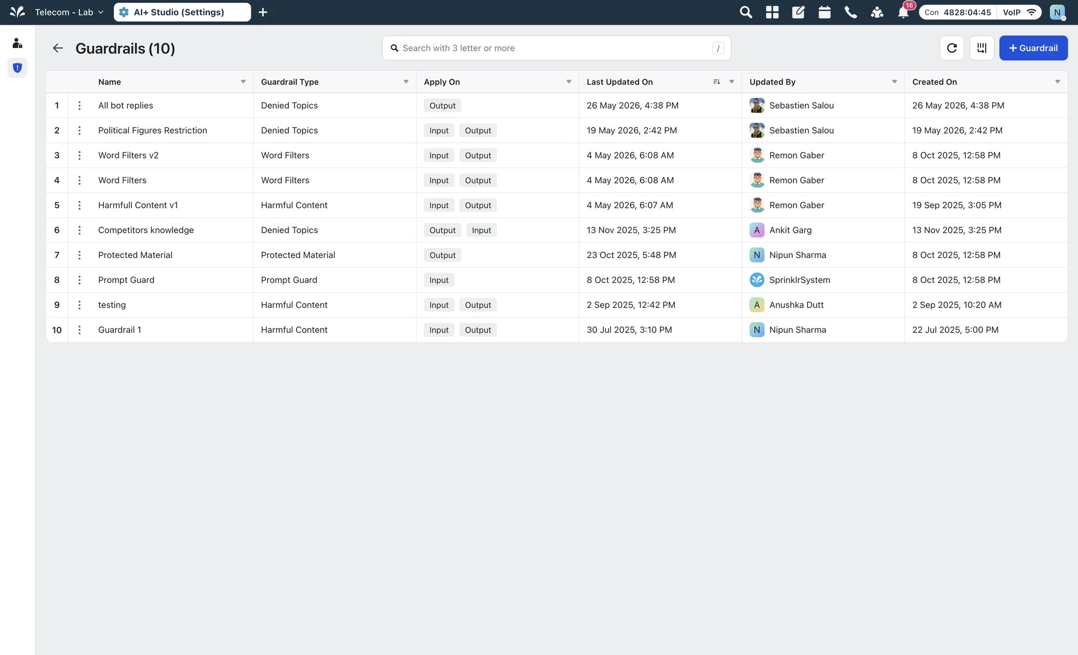 List of configured guardrails in AI+ Studio, covering denied topics, harmful content, word filters and prompt guard