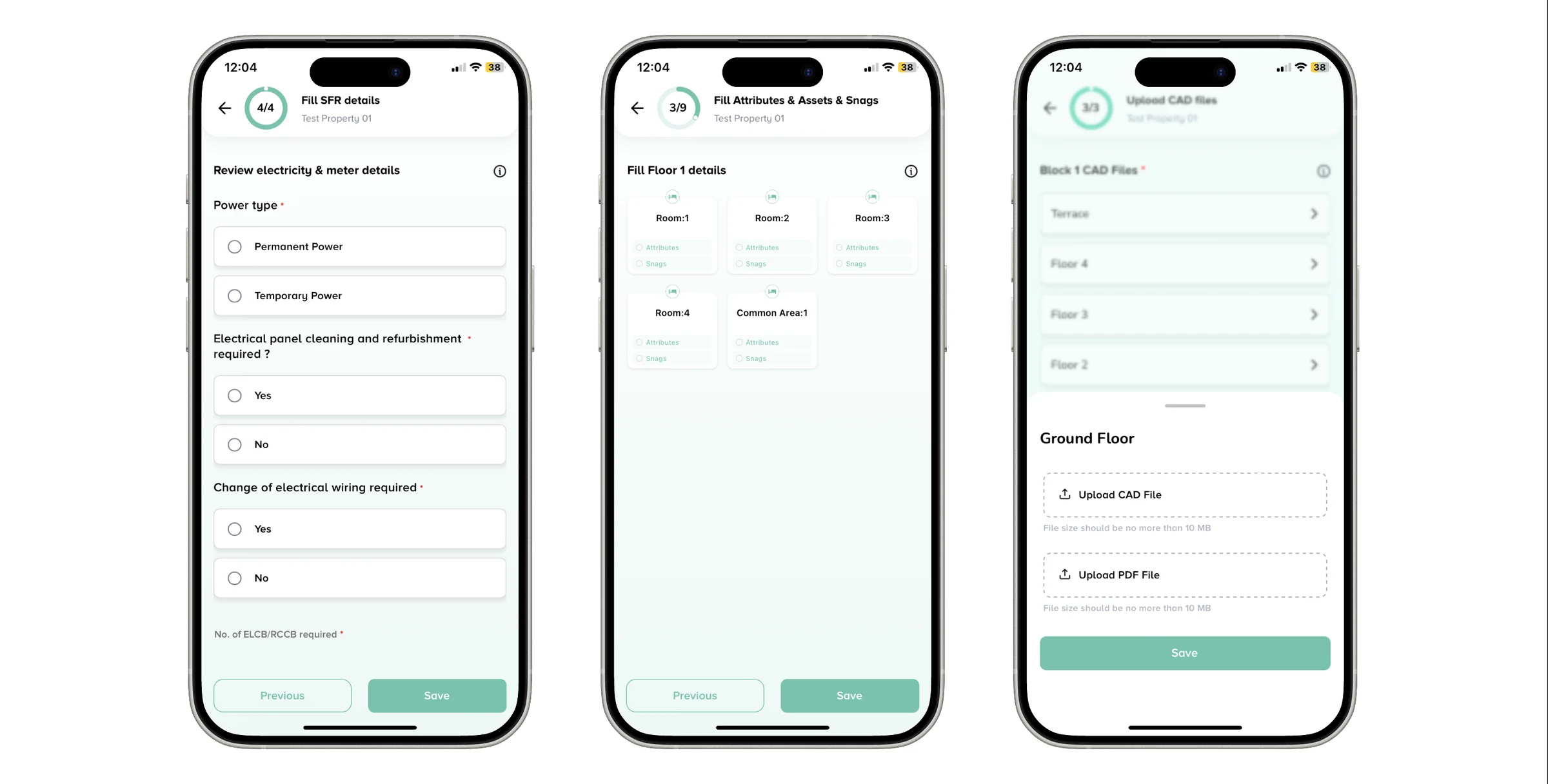 Three screens from the mobile app: SFR details, attributes and snags, and CAD file upload