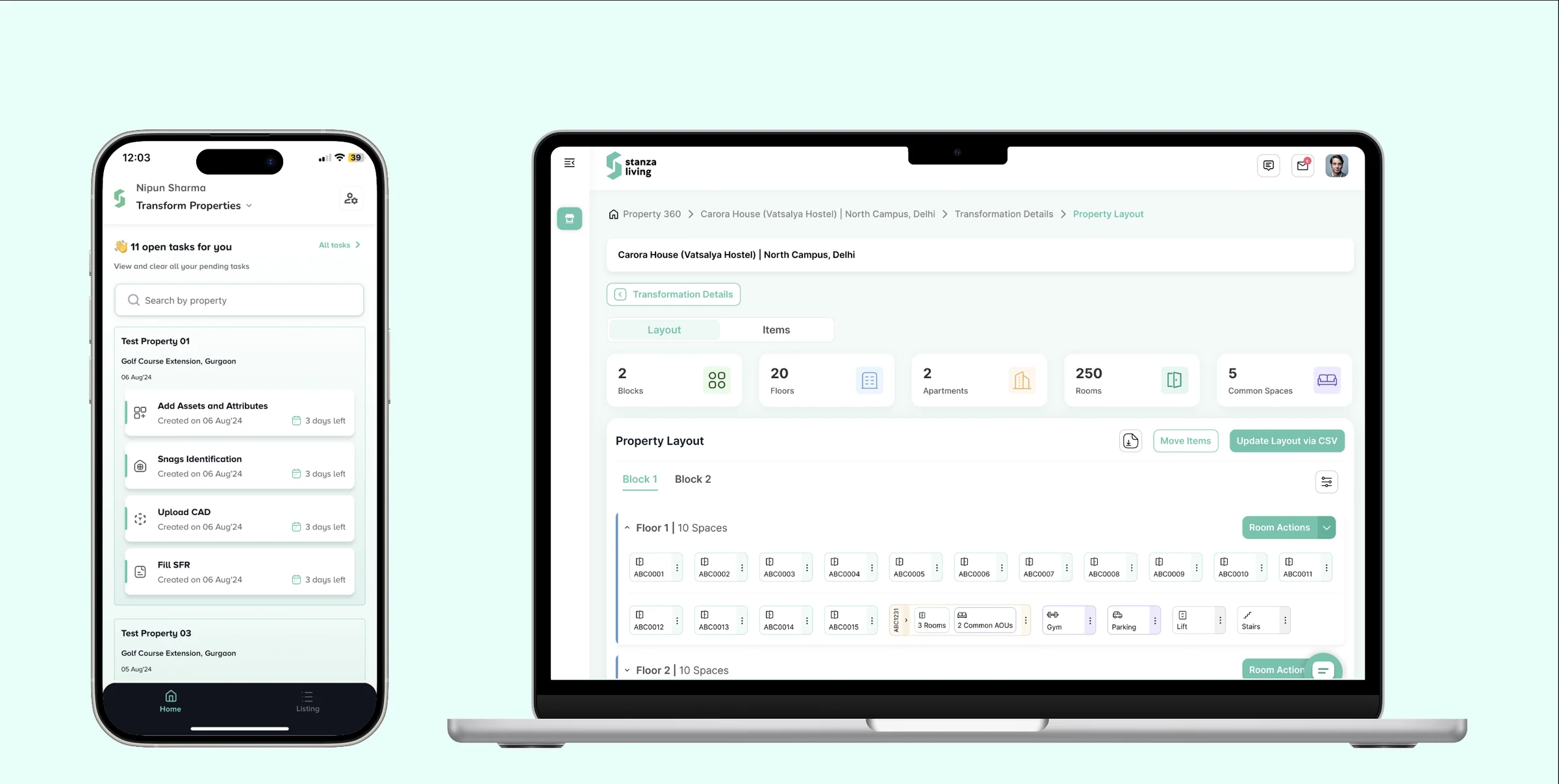 The mobile task list and the web property layout side by side