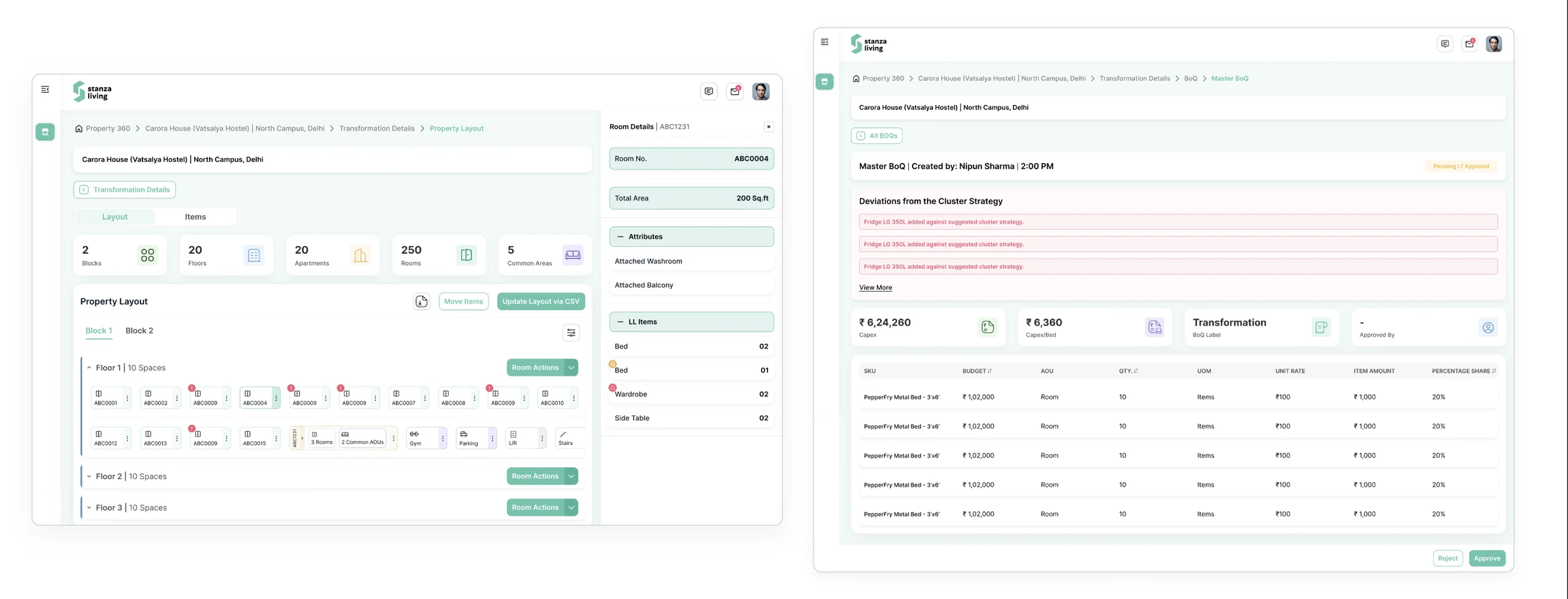 Two web screens: the property layout with room details, and the Master BoQ with deviations and approvals